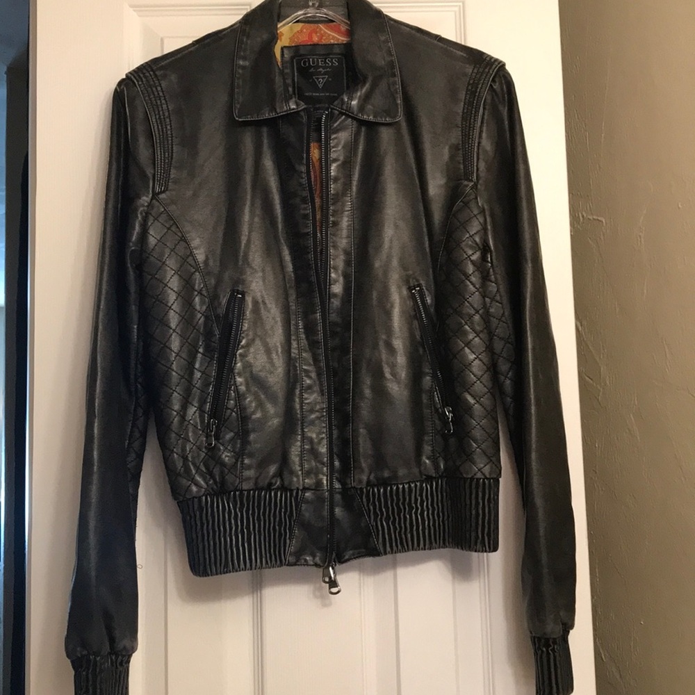 GUESS Black Leather Bomber Jacket - Size L